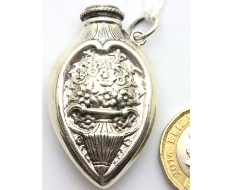 Silver perfume bottle, no hallmarks, H: 40 mm. P&amp;P Group 1 (£14+VAT for the first lot and £1+VAT for subsequent lots) 