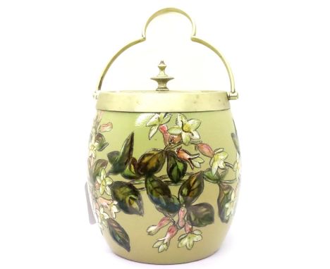 Linthorpe ceramic biscuit barrel with metal handle, H: 13 cm. Some light crazing to floral pattern otherwise no cracks, chips