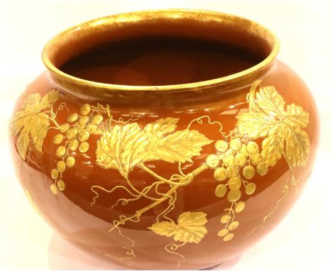 Minton plant pot with gilt and flower decoration, D: 26 cm. Chip to top rim. P&amp;P Group 3 (£25+VAT for the first lot and £