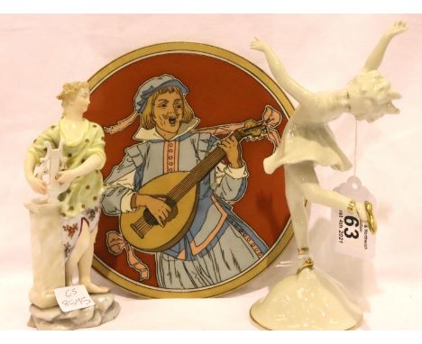 Metzler &amp; Orloff dancing girl, Continental figurine and a Mettlack plate, H: 19 cm. No cracks, chips or visible restorati