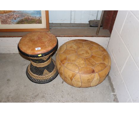 A retro wicker and leather upholstered stool; and a leather pouffe