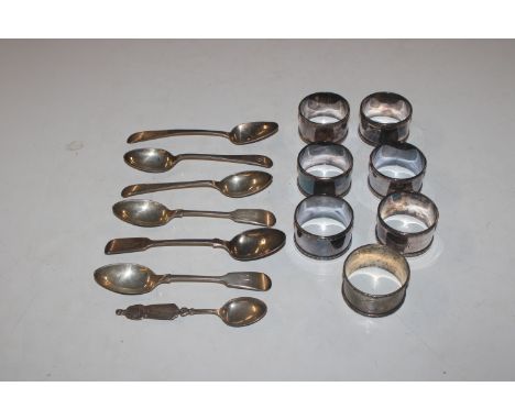 Six various silver spoons, approx. total weight 119gms; a silver napkin ring; a white metal spoon; and a set of six numbered 