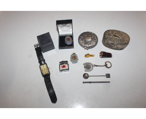 A Sterling silver telescopic cocktail stirrer; a white metal spoon; cigarette lighter; compact; trinket box etc.