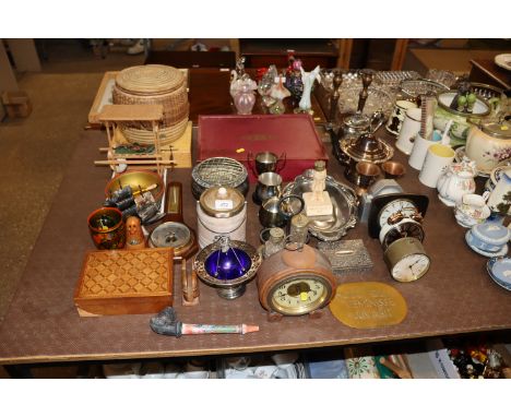 A canteen of Oneida Fleck Fit patterned cutlery; silver plated ware; wooden trinket box; miniature barometer; Eastern pipe; R