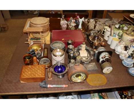 A canteen of Oneida Fleck Fit patterned cutlery; silver plated ware; wooden trinket box; miniature barometer; Eastern pipe; R