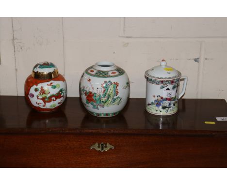 Two Chinese ginger jars, one with lid missing; and a Chinese covered mug seal mark to base