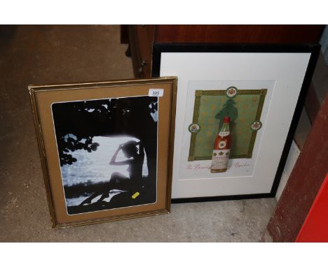 A framed and glazed brandy advertising print and a photograph of a nude girl in sunlight 