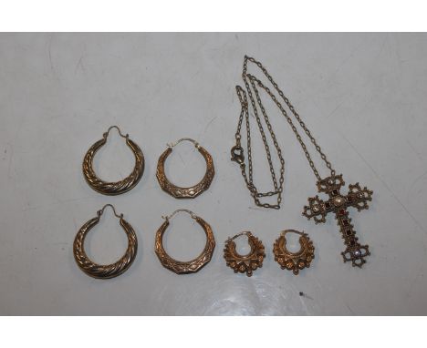 Two pairs of 9ct gold ear-rings, approx. 3.5gms; another pair of ear-rings; and a yellow metal crucifix pendant set with red 