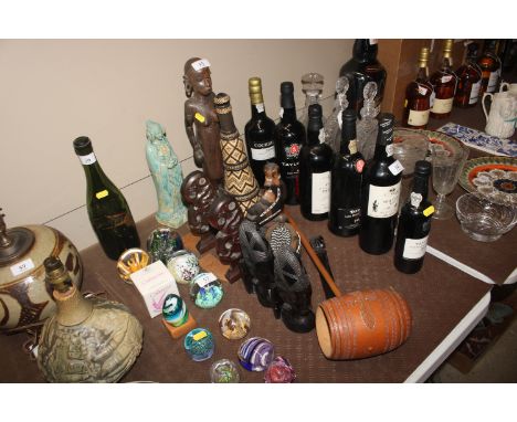 A ceremonial gourd ladle; various carved Ethnic figures; a bead decorated bottle and boxes; a carved paper knife and a blue g