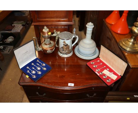 A copper and white metal Tibetan ewer tea pot; two cased sets of commemorative spoons; a Franklin Mint "The Ruffed Grouse Gam