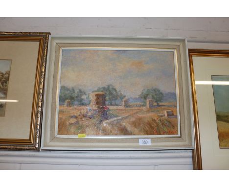 Mid 20th Century oil on board, study of children playing in a harvest field, indistinctly signed 