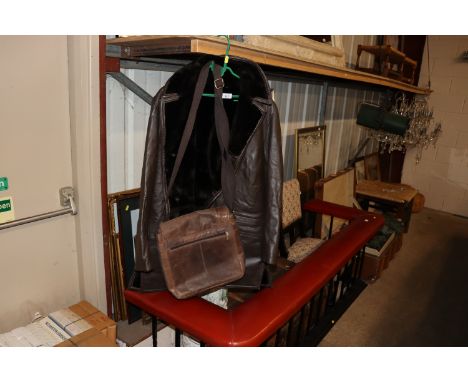A sheepskin and leather overcoat and a leather cross over bag