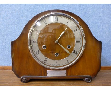 An Art Deco Smiths mahogany mantel clock
