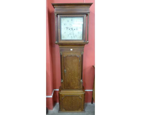 A George III oak eight day longcase clock, square hand painted dial signed W. Massey, Nantwich