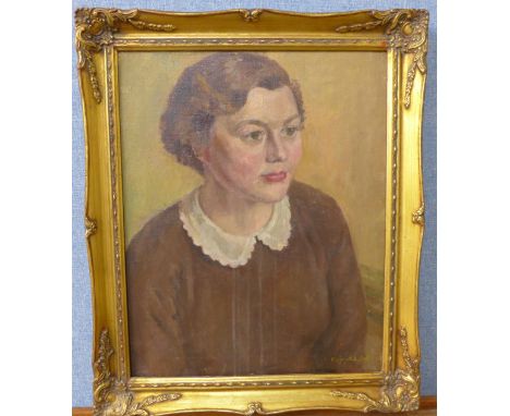 Marjory E.R. Bell, portrait of a lady, oil on canvas, framed