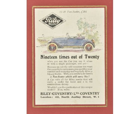 * Riley Motor Cars. A collection of advertising prints circa 1920-40, including 'An interesting 2-seater Model' circa 1926, 1