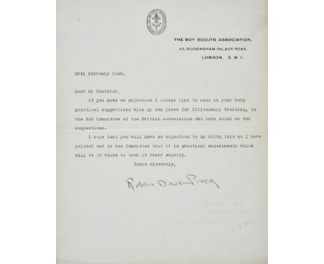 * Baden-Powell (Robert, 1857-1941). Two typed letters signed, 'Robert Baden Powell', Boy Scouts Association printed letterhea