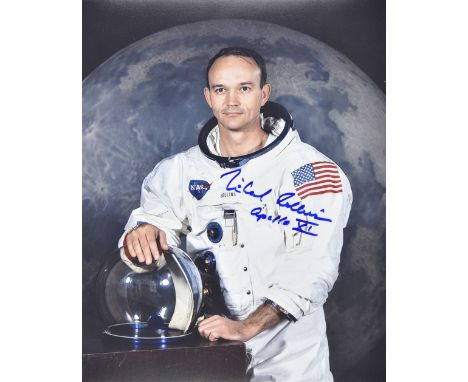 * Collins (Michael, 1930-). Signed three-quarter length portrait of Collins in his spacesuit, colour photograph, boldly signe