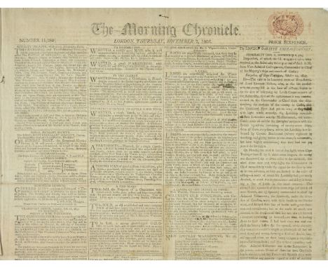 [Nelson, Horatio, 1758-1805, Viscount]. The Morning Chronicle, London, Thursday, 7 November 1805, original broadsheet newspap