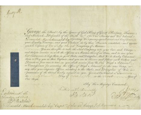 * George III (King of Great Britain, 1738-1820). Naval document signed, 'George R', St. James's, 27 October 1760, a pre-print