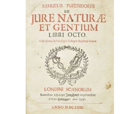 Pufendorf (Samuel von). De jure naturae et gentium libri octo, 1st edition, Lund: Adam Junghans, 1672, tide-mark to lower mar