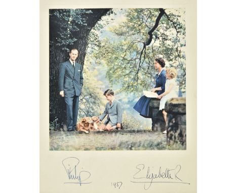 * Elizabeth II (Queen of Great Britain &amp; Philip, Duke of Edinburgh). Signed Christmas card for 1957, folded off white car