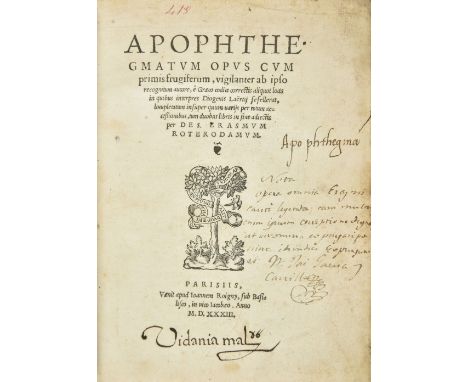 Erasmus (Desiderius). Apophthegmatum opus cum primis frugiferum, vigilanter ab ipso recognitum autore, è Graeco codiae correc