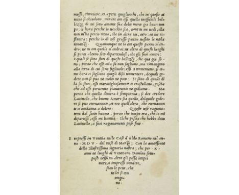 Bembo (Pietro). Gli Asolani, 1st edition, 1st issue, Venice: nelle Case d'Aldo Romano, 1505, 96 leaves (of 98: signatures n1-