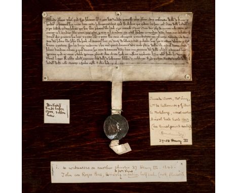 * Medieval deed: Gropecunt Lane, Bristol. Deed of sale and quitclaim for 4 marks (£2 13s 4d) and half a mark (6s 8d) with war