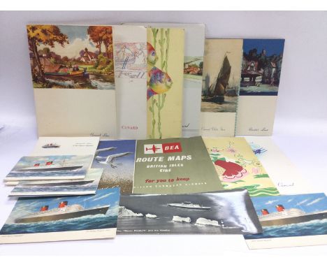 A collection of vintage Cunard travel ephemera and a BEA brochure. Shipping category A.