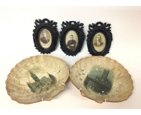 Four First World War continental frames and two art shell dishes portraying a cathedral &amp; the Manchester town hall. Posta