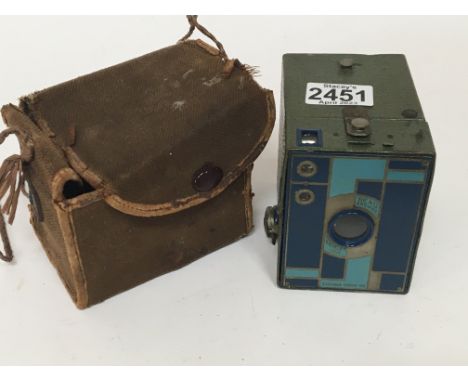 A Vintage Beau Brownie camera with an unusual enamelled Art Deco design lens front with two tone blue Doublet Lens Eastern Ko