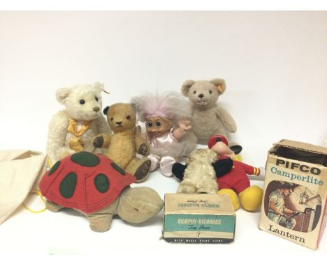 Soft toys including a bagged Steiff Millennium bear, Chad Valley sooty bear, original troll doll etc. postage cat c