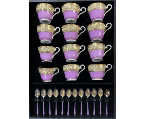 A Mappin and Webb Art Deco coffee set with matching sterling silver and purple guilloche enamel coffee spoons, 12 setting Ayn