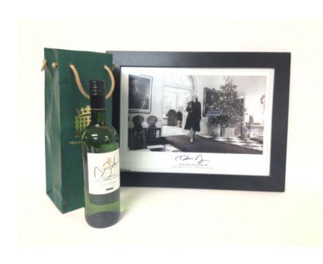 Teresa May signed portrait (49x36cm approx) &amp; Signed by Boris Johnson Colombard Sauvignon Blanc wine bottle. Cat D