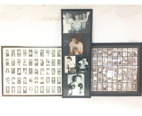 A collection of boxing memorabilia including A framed montage of champion boxers signed autographs, cards and photos includin