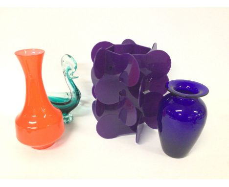 A mid 20th century design lamp and three examples of art glass, ranging from heights of 19 to 26cm. Cat D postage