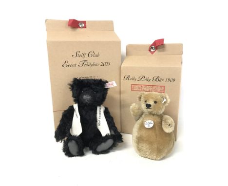 Boxed Steiff bears consisting of a black Steiff a club event bear 2003, Rolly Polly bear 1909. Cat B postage