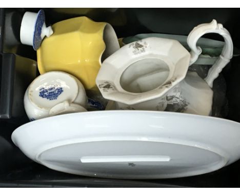 A collection of four boxes of decorative ceramics including part tea sets Victorian art vases and other ceramics (a lot)