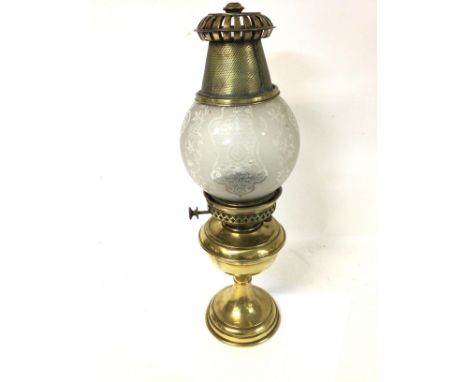 Vintage Punkawallah Hinks brass oil lamp with later shade, approximately 60cm tall. category D postage.