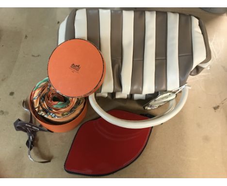 A vintage Hermes scarf in box, a Lulu Guinness clutch bag in the form of lips and a Moda handbag