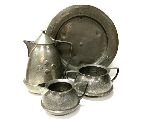 A 3 piece Libertys Tudric set, each piece stamped 0303, together with an Art Noveau pewter dish stamped LHL. (D)