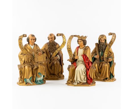 Four Exceptional Antique Wood-Sculptured Figures of the Prophets Isaiah, Ezekiel, Jeremiah and David.Sculptured and polychrom