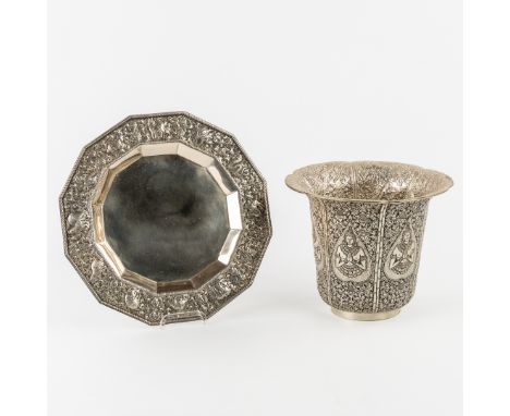 Cambodian Silver, A Bowl decorated with Zodiac Signs and Champagne Bucket decorated with Buddhas. Silver.Bowl, dodecagonal, o