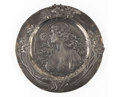 WMF, Würtembergische Metallwarenfabrik, 'La Belle Aux Asters', silver-plated Tin, Art Nouveau. 'Beautiful lady with Asters'. 