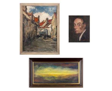 Armand Jamar (1870-1946) Three paintings, a 'Cityscape in Bruges', a 'Self Portrait' and 'L'Eternité' (1941), oil on canvas.'