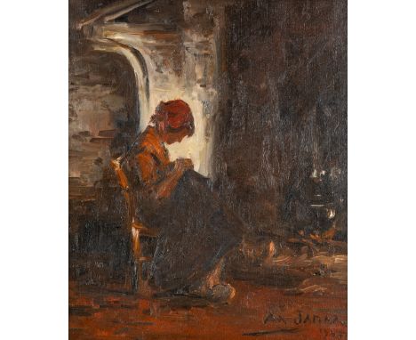 Armand Jamar (1870-1946) 'Lady at the Fireplace' (1945)Oil on canvas.Signed and dated lower right.(71 x 63 cm)(38 x 46 x 0 cm