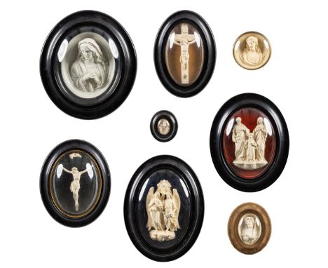 Eight Frames with Religious Scenes, Meerschaum or Pijpaarde.- Crucifix with Corpus Christi (H: 28 cm x W: 20 cm)- Holy Family