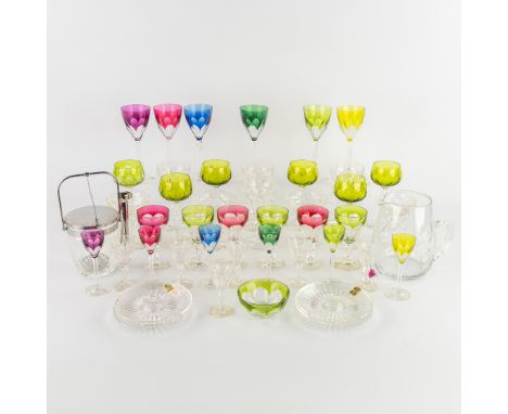 Val Saint Lambert, parts of a glass service, ice bucket, jug, ...Model Legagneux- 6 champagne glasses (coloured and cut cryst