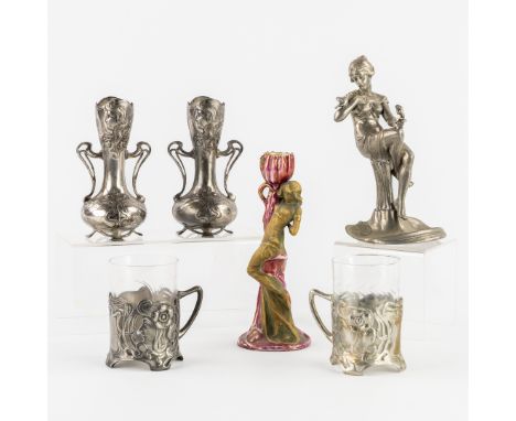 Ernst Wahliss (1836-1900), Theodor Radivon (1849-1921), WMF. A Collection of 6 accessories, Art NouveauPewter, silver-plated 